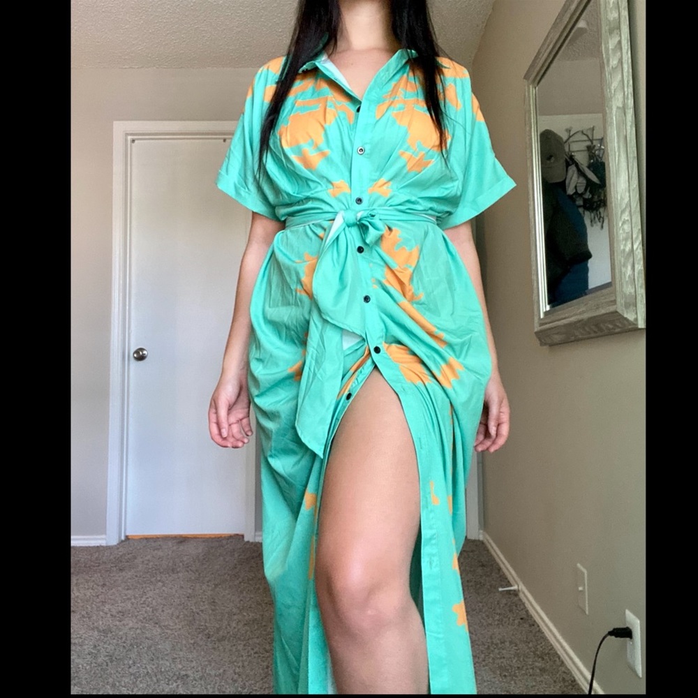 Mint contemporary maxi dress with orange accents. - Picture 3 of 16
